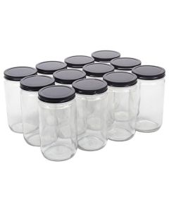 North Mountain Supply 32 Ounce Glass Quart Straight Sided Wide Mouth Canning Jars – with Black Metal Lids – Case of 12