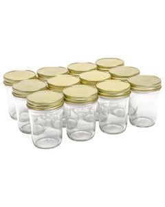 Glass Regular Mouth Tapered Mason Canning Jars – [8 oz, Clear, Gold Safety Button Lids, Regular Mouth, Case of 12]