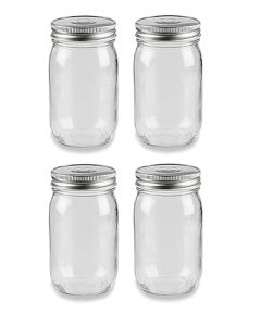Regular Mouth Mason Jars with Safety Button Lids [16 oz, Clear Glass, Silver Metal Lids, Case of 4]