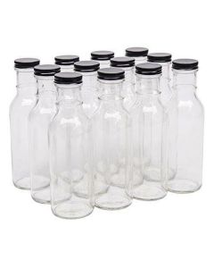 Glass Ring Neck Sauce Bottles - [12 oz, 38 mm CT Finish, Black Metal Lids, Case Of 12, Made In USA]