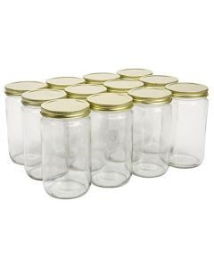 Straight Sided Wide Mouth Canning Jars with Metal Lids [32 oz Quart, Clear Glass, 89-400 Gold Metal Lids, Case of 12]