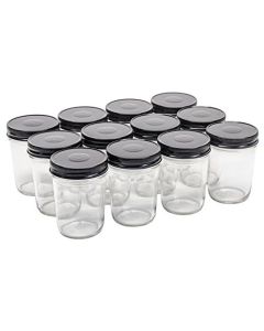 Regular Mouth Tapered Mason Jars with Safety Button Lids [8 oz, Clear Glass, Black Metal Lids, Case of 12]