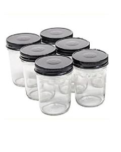 Regular Mouth Tapered Mason Jars with Safety Button Lids [8 oz, Clear Glass, Black Metal Lids, Case of 6]