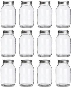 Quart Glass Regular Mouth Mason Canning Jars - [32 oz, Silver Safety Button Lids, Case Of 12, Made In USA]