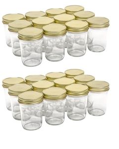 Regular Mouth Tapered Mason Jars with Safety Button Lids [8 oz, Clear Glass, Gold Metal Lids, Case of 24]