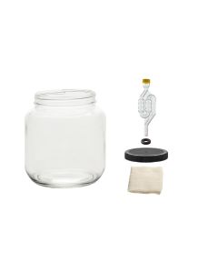 Wide Mouth Glass Fermentation Jar Kit [1/2 Gallon, Clear Glass, Black Drilled Plastic Lid, 6-Bubble Airlock, Cheesecloth]