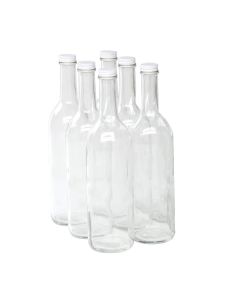 Bordeaux Wine Bottles with Screw Caps [750ml, Flint Clear Glass, Flat Bottom, 28mm White Metal Lids, Case of 6]