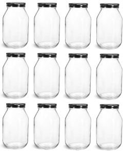 Quart Glass Regular Mouth Mason Canning Jars - [32 oz, Smooth Sides, With Black Safety Button Lids, Case Of 12, Made In USA]