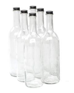 Clear Glass Bordeaux Wine Bottles - [750 ml, Screw Top Finish, 28 mm Black Metal Lids, Case Of 6, Made In USA]
