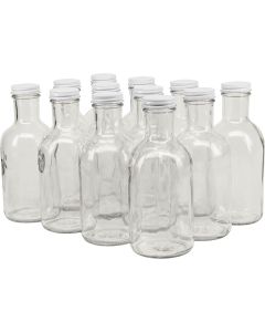 Glass Stout Sauce Bottles with Metal Lids [16 oz, Clear Glass, 38mm White Metal Lids, Case of 12]