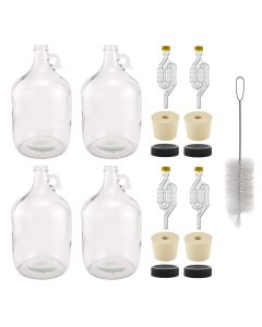 Glass Fermenting Jugs with Handles – [1 Gallon, 38 mm CT Finish, Set of 4 with Stoppers, Airlocks, Lids & Cleaning Brush]