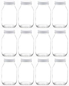 Glass Regular Mouth Mason Canning Jars - [32 oz Quart, White Safety Button Lids, Smooth Sides, Case Of 12, Made In USA]