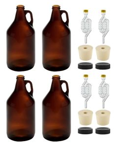 Amber Glass Fermenting Jugs with Rubber Stoppers, 6-Bubble Airlocks, and Plastic Lids [1/2 Gallon, 64 oz, Set of 4]