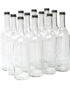 Bordeaux Wine Bottles with Screw Caps [750ml, Flint Clear Glass, Flat Bottom, 28mm Black Metal Lids, Case of 12]