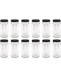 Tall Mason Canning Jars with Metal Lids [8 oz, Clear Glass, 58mm Mouth, Black Metal Lids, Case of 12]