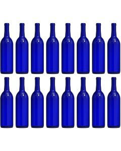 Cobalt Blue Glass Bordeaux Wine Bottles - [750 ml, Flat Bottom, Cork Finish, Case Of 16, Fits 3 Gallons Of Wine]