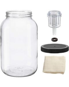 Wide Mouth Glass Fermentation Jar Kit [1 Gallon, Clear Glass, Black Drilled Plastic Lid, 2-Piece Airlock, Cheesecloth]