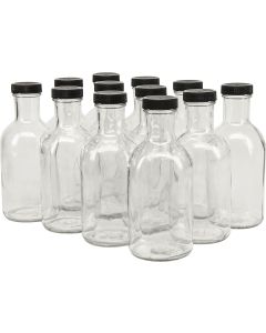 Glass Stout Sauce Bottles with Plastic Lids [16 oz, Clear Glass, 38mm Black Plastic Lids, Case of 12]