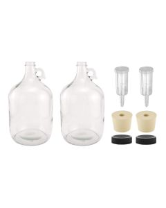 Glass Fermenting Jugs with Handle, Rubber Stopper, 3-Piece Airlock, and Plastic Lid [1 Gallon, Clear Glass, Set of 2]