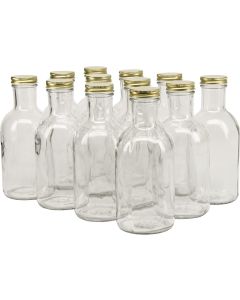 Glass Stout Sauce Bottles with Metal Lids [16 oz, Clear Glass, 38mm Gold Metal Lids, Case of 12]