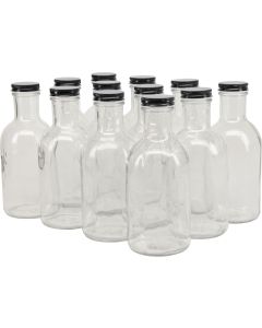 Glass Stout Sauce Bottles with Metal Lids [16 oz, Clear Glass, 38mm Black Metal Lids, Case of 12]
