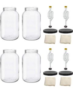 Wide Mouth Glass Fermentation Jars Kit [1 Gallon, Clear Glass, Black Drilled Plastic Lid, 6-Bubble Airlock, Set of 4]