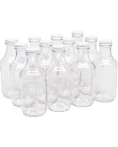 Glass Sauce Bottles with Metal Lids [16 oz, Clear Glass, 38mm White Metal Lids, Case of 12]