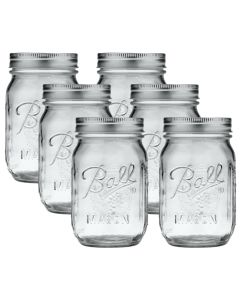 Regular Mouth Mason Jars with Lids and Bands [16 oz Pint, Clear Glass, Metal Lids and Bands, Pack of 6]