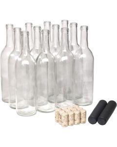 Bordeaux Wine Bottles with Natural Corks and PVC Shrink Capsules [750ml, Clear Glass, Flat Bottom, Cork Finish, Case of 12]