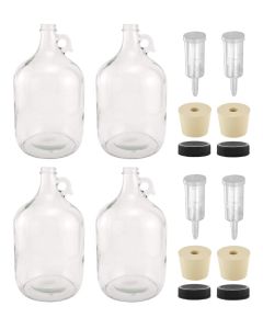 Glass Fermenting Jugs with Handle, Rubber Stopper, 3-Piece Airlock, and Plastic Lid [1 Gallon, Clear Glass, Set of 4]