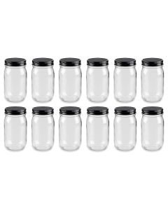 Regular Mouth Mason Canning Jars - [16 oz, Clear Glass, Black Safety Button Lids, Case Of 12, Made In USA]