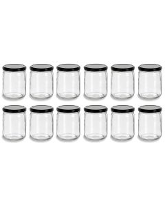 Wide Mouth Straight-Sided Glass Jars with Lug Lids [16 oz, Clear Glass, Black Metal Lid, 82-2040, Case of 12]