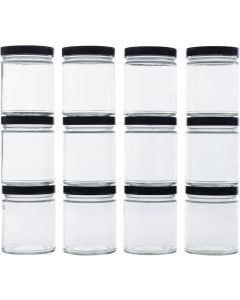 Straight Sided Mason Jars with Plastic Lids [9 oz, Clear Glass, 70mm Black Plastic Lids, Case of 12]