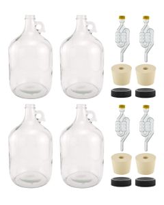 Glass Fermenting Jugs with Handle, Rubber Stopper, Twin Bubble Airlock, and Plastic Lid [1 Gallon, Clear Glass, Set of 4]