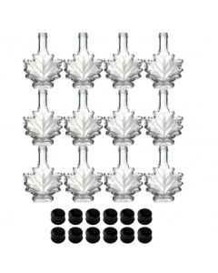 Maple Leaf Syrup Bottles with Metal Lids [3.4 fl oz, 100 ml, Clear Glass, Black Metal Lids, Case of 12]