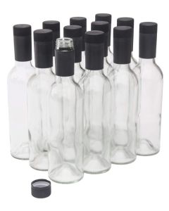 Clear Glass Bordeaux Wine Bottles With Twist N Seal Capsules - [375 ml Half Size, Flint, Punted Bottom, Black Capsules, Case Of 12]