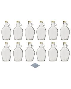 Glass Maple Syrup Bottles With Loop Handle - [8 oz, Gold Metal Lids, Clear Shrink Bands, Case Of 12, Made In USA]