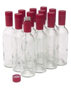 Clear Glass Bordeaux Wine Bottles With Twist N Seal Capsules - [375 ml, Half Size, Punted Bottom, Red Closures, Case Of 12]