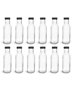 12 Ounce Glass Ring Neck Sauce Bottles - [38 mm CT Finish, Black Plastic Lids, Case Of 12, Made In USA]