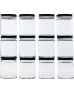 Clear Glass Straight Sided Mason Canning Jars - [9 oz, 70 mm Black Metal Lids, Case Of 12]