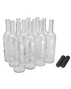 Bordeaux Wine Bottles with Free Heat Shrink Capsules [750ml, Flint Clear Glass, Flat Bottom, Cork Finish, Case of 12]