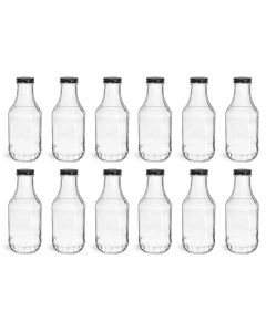 Glass Sauce Bottles - [16 oz, 38 mm Mouth, With Black Metal Lids, Case Of 12, Made In USA]
