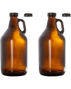 Amber Glass Fermenting Jugs With Handle - [1/2 Gallon, 64 oz, Set Of 2, With Polyseal And Metal Lids, Made In USA]