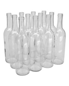 Clear Glass Bordeaux Wine Bottles - [750 ml, Flint, Flat Bottom, Cork Finish, Case Of 12, Drop Tested Packaging]
