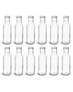 Ring-Neck Sauce Bottles with Metal Lids [12 oz, Clear Glass, 38mm White Metal Lids, Case of 12]