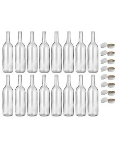 Bordeaux Wine Bottles with Screw Caps [750ml, Flint Clear Glass, Flat Bottom, 28mm White Metal Lids, Case of 16]