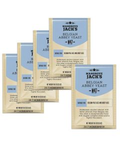 5x Mangrove Jack Belgian Abbey M47 - Craft Series Yeast 10g treats 23L / 5 Gallons Moderately alcohol tolerant with fewer phenols than Belgian Ale. Exceptionally fruity with hugely complex esters and is highly flocculant. Suitable for Belgian Pale Ales an