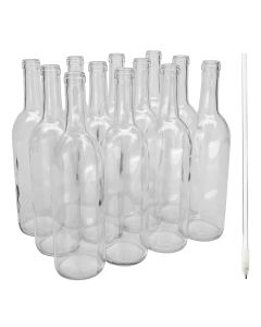 Bordeaux Wine Bottles with Free Bottle Filler [750ml, Flint Clear Glass, Flat Bottom, Cork Finish, Case of 12]