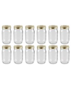 Regular Mouth Mason Jars with Safety Button Lids [12 oz, Clear Glass, Gold Metal Lids, Case of 12]