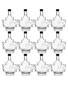 Maple Leaf Syrup Bottles with Metal Lids [8.5 fl oz, 250 ml, Clear Glass, Black Metal Lids, Case of 12]